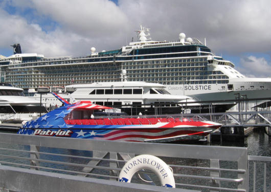 cruise ship and harbor tour boats at dock