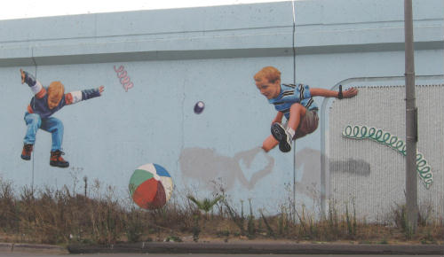 mission valley mural of kids at play