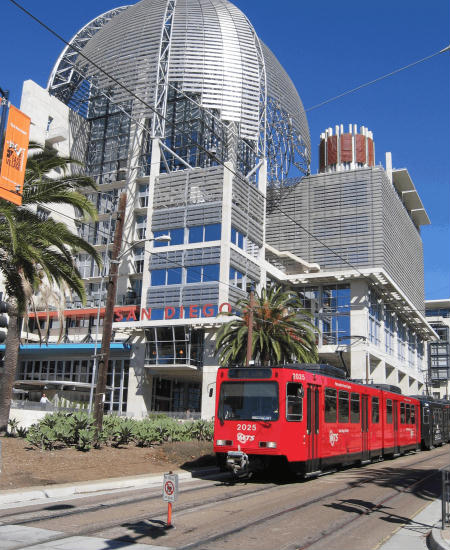 photo of new san diego library and trolley