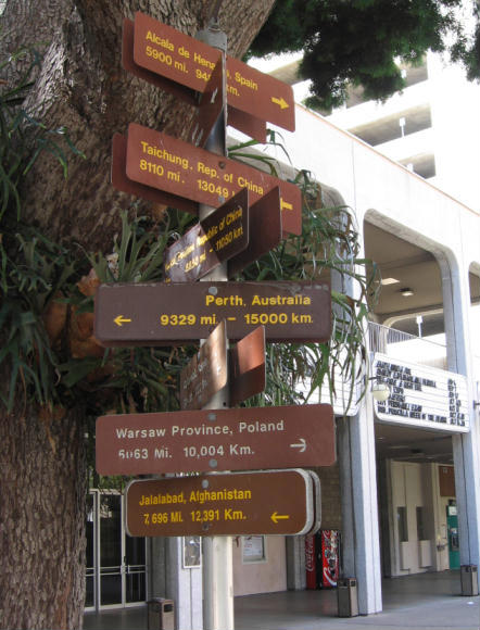 distance signs at san diego civic center plaza