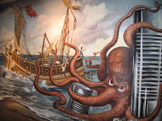 giant octopus steals tin cans from ship