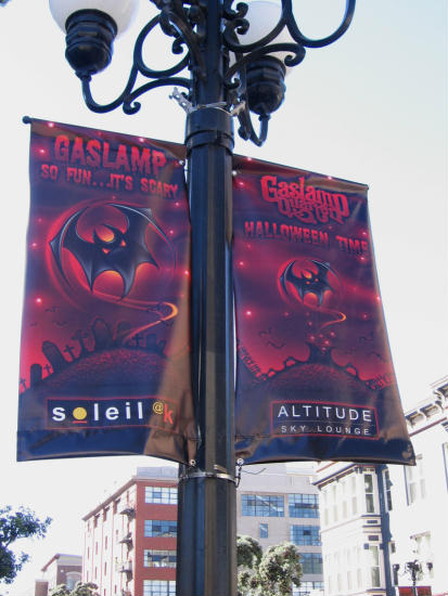 halloween banners on gaslamp lamp posts