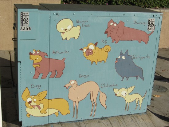 colorful dog breeds painted on utility box
