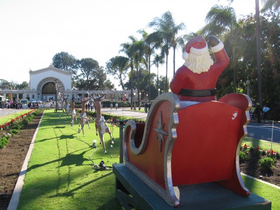 santa claus rides sleigh in balboa park