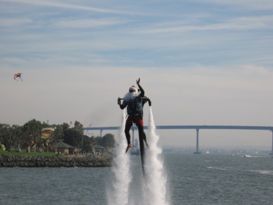 santa is flying high on two jets of water