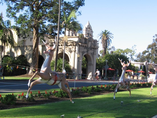 santa's reindeer fly through balboa park
