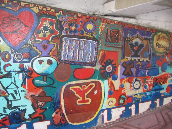 19 A painted mosaic of symbols in Chicano Park.