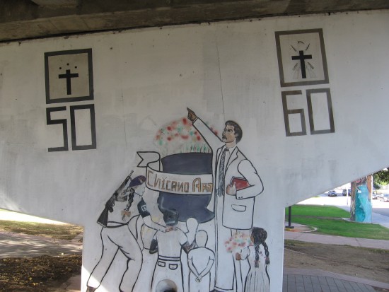 20 Chicano art includes children and revolutionary with gun.