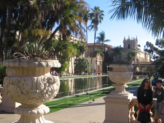 Side view of the Balboa Park reflecting pool.