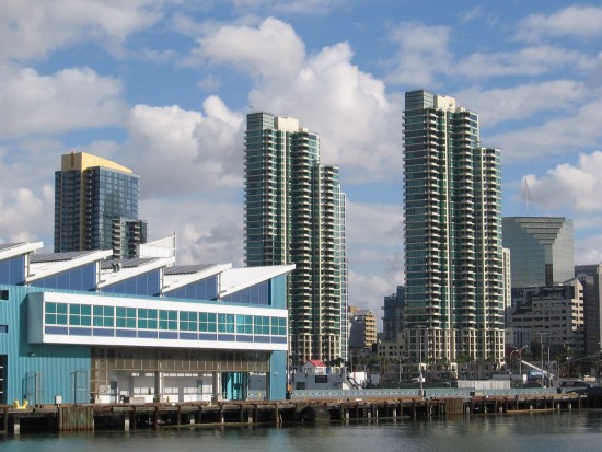 Broadway Pier and downtown San Diego skyscrapers.