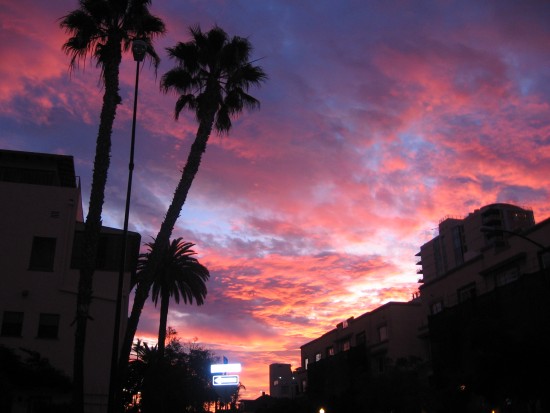 Fiery sunrise over Cortez Hill in downtown San Diego.