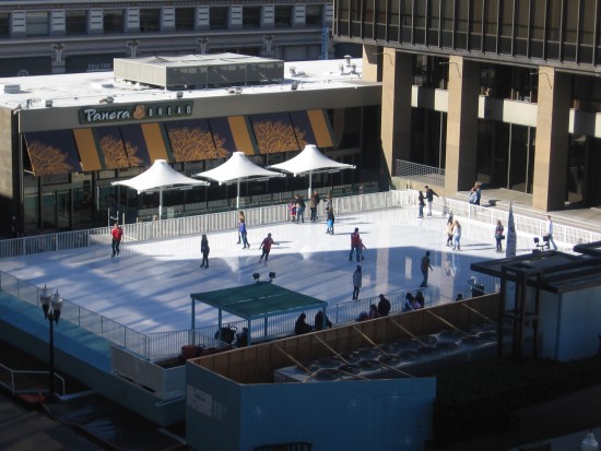 Ice skating rink seen from upper level of Horton Plaza.