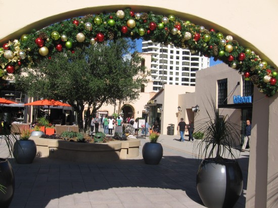 Looking through festive arch at The Headquarters.