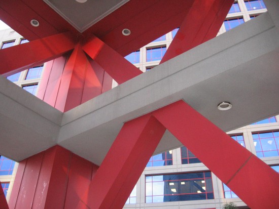 Looking up the interior of the clock tower structure.