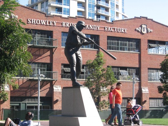 Tony Gwynn statue with Showley Bros. Candy Factory in background.
