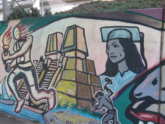 16 Mural behind Chicano Park basketball court.