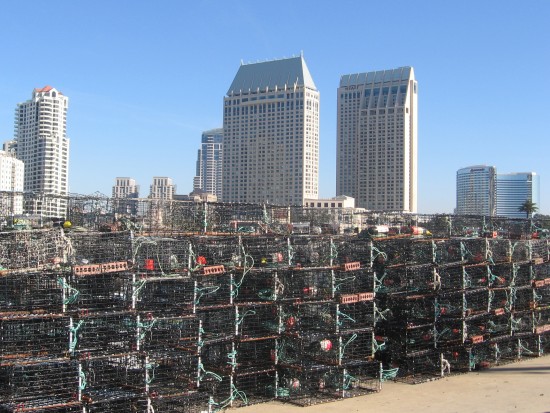 Wall of lobster traps on Tuna Harbor Pier.
