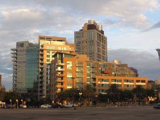 Buildings near Petco Park touched by early morning light.