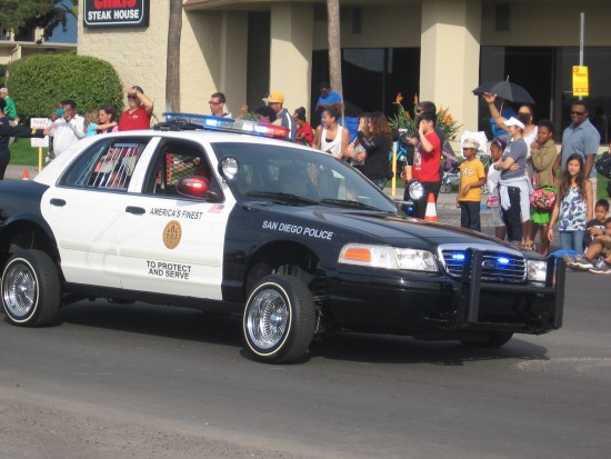A cool police car fitted with hydraulics.