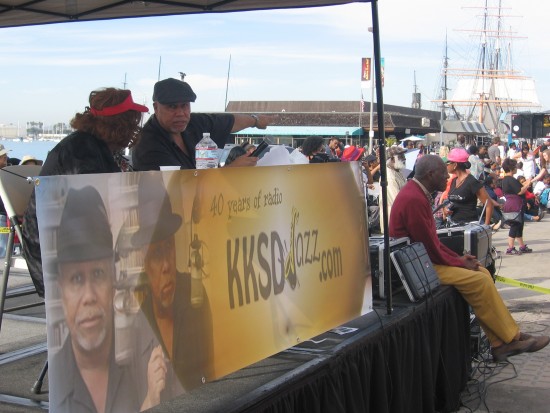 Watching the parade from the announcer platform.