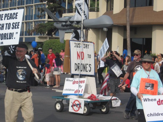 Veterans for Peace parade a drone.