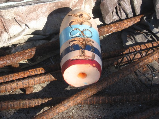 Solitary float on a pile of rusted rebar.