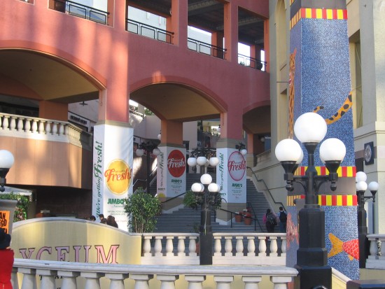 Stairs head up into Horton Plaza. Lyceum entrance is below.