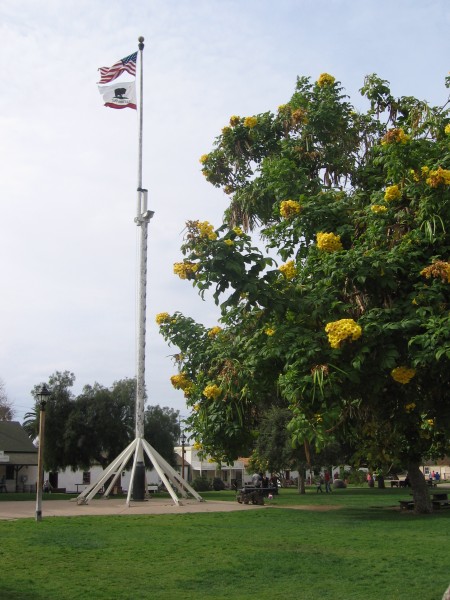 Tall flagpole at the center of historic Old Town.