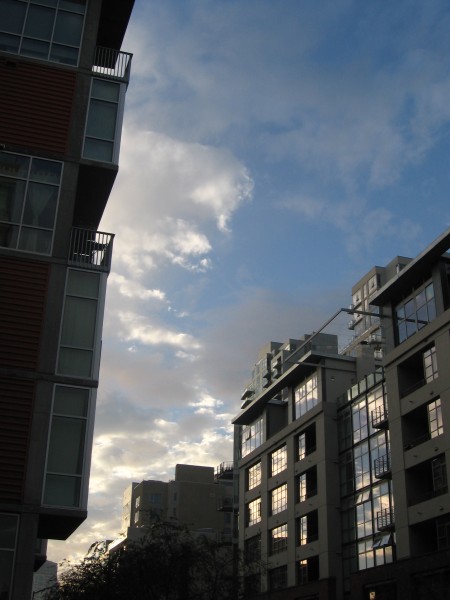 Light reflects from windows in San Diego's East Village.