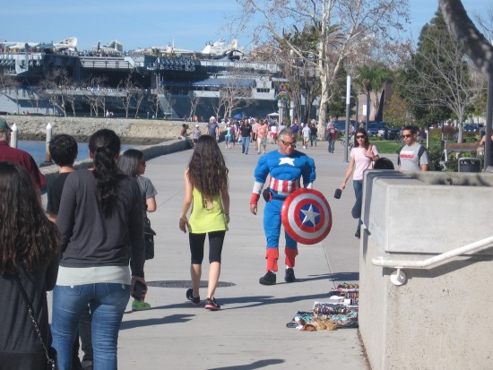 Captain America patrols San Diego's Embarcadero.
