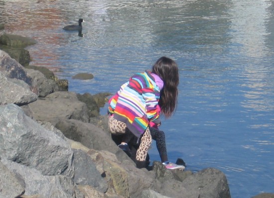 Children explore the water from rocks.