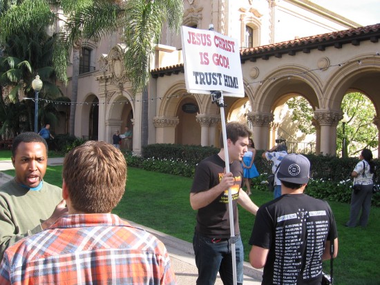 Proselytizing in Balboa Park and argumentation.