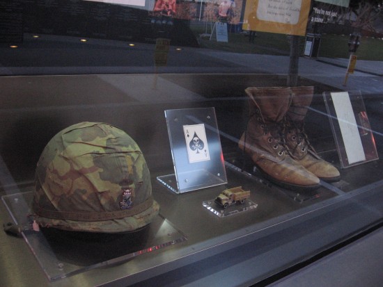 Helmet and boots from Vietnam War era.