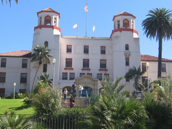 People descend stairs of Balboa Park Administrative Building.