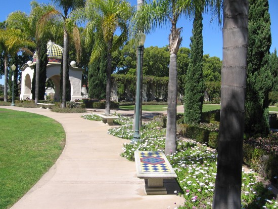Balboa Park Administration Building Courtyard's benches are empty.
