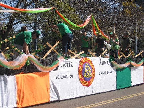 Last minute preparations on a School of Irish Dance float.