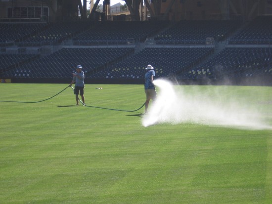 Getting the outfield ready for Opening Day.