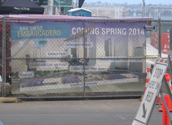 Sign near Broadway Pier describes Embarcadero improvements.