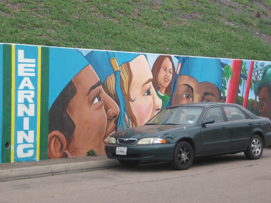 Optimism and opportunity on a long, colorful mural.