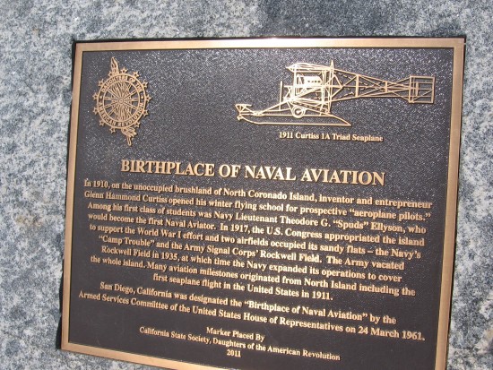 Bronze plaque in Coronado marks birthplace of naval aviation.