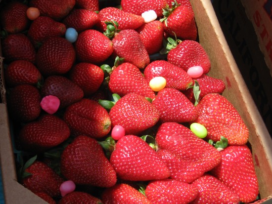 Ripe red strawberries mixed with Easter candies.