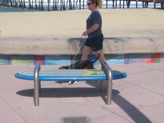 Benches near the pier are made of surfboards!