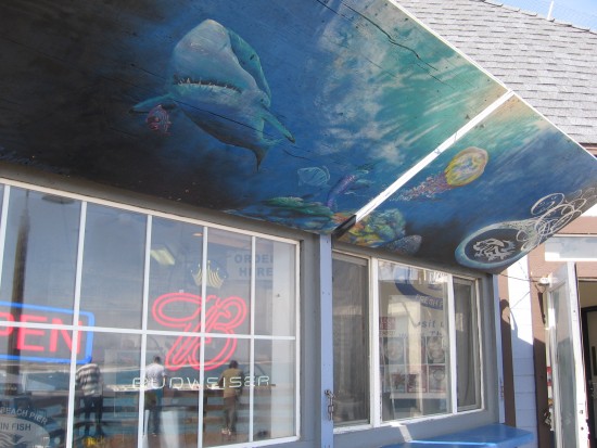 Window of Tin Fish restaurant at end of Imperial Beach pier.