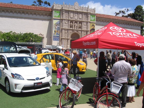 Toyota shows hybrid vehicles in front of Museum of Art.