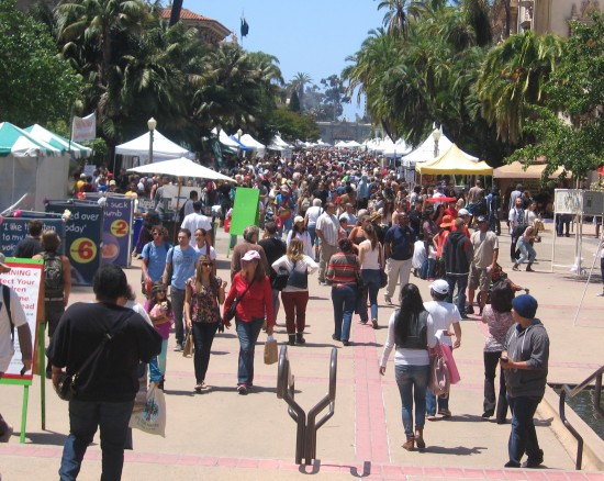 Looking west down El Prado at huge Earth Day crowd.