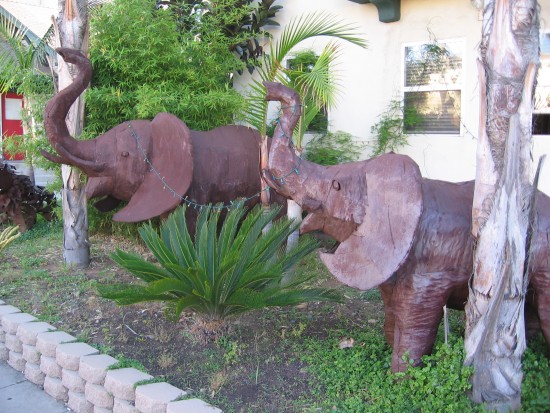 Two metal sculpture elephants on First Avenue.