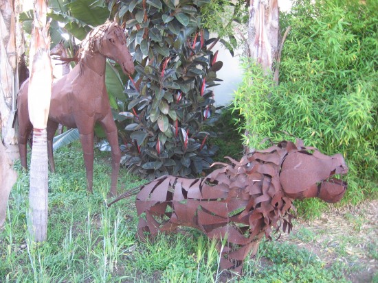 Animal sculptures in front of a residence in Hillcrest.