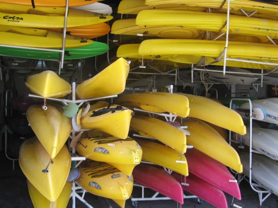 Colorful kayaks at Crown Cove Aquatic Center.