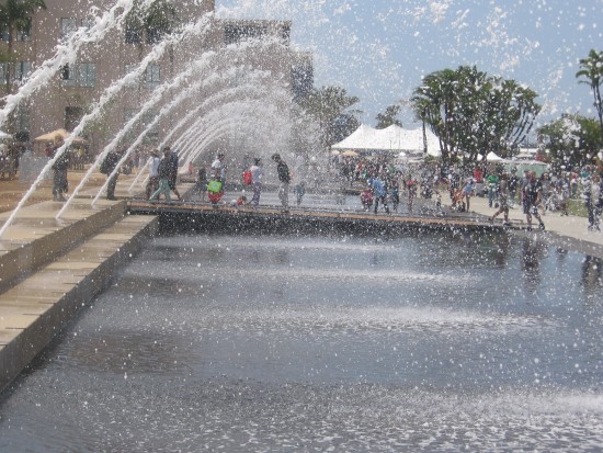 Looking through fountains on north side of park.