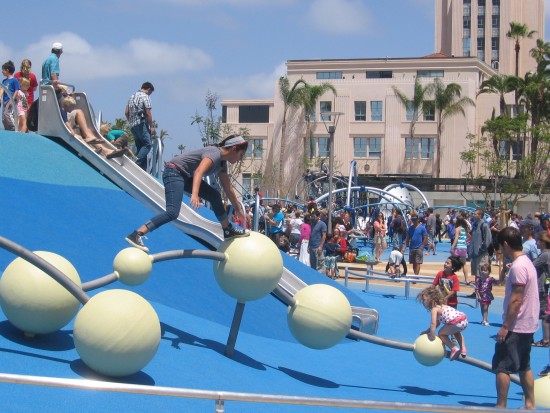 Cool hill with slides is part of the huge playground.